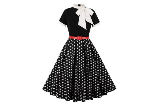 Wellwits Women's Black Bodice Polka Dots Cocktail Vintage