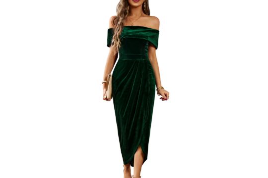 Wellwits Women's Foldover Off Shoulder Velvet Long Evening Pencil Dress Green