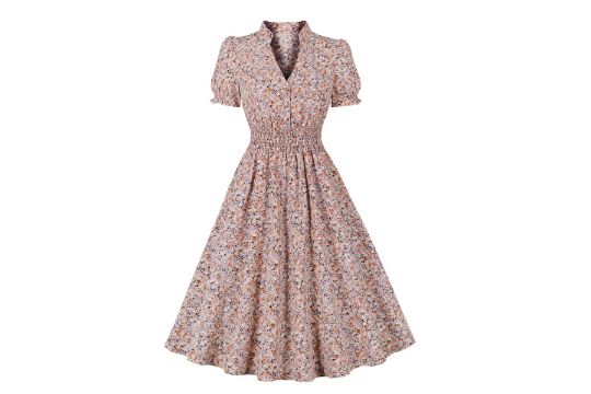 Wellwits Women's Plus Size V Neck Shirred Ditsy Floral Vintage Dress