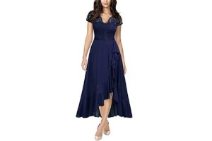 MIUSOL Women's Elegant Scoop Neck Lace Design Formal Wedding Maxi Dress