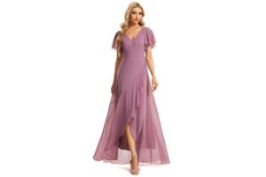 Ever-Pretty Women Chiffon Asymmetrical V Neck Short Sleeves Long Wedding Bridesmaid Dress Orchid