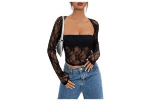GORGLITTER Women's Eyelet Lace Long Lantern Sleeve