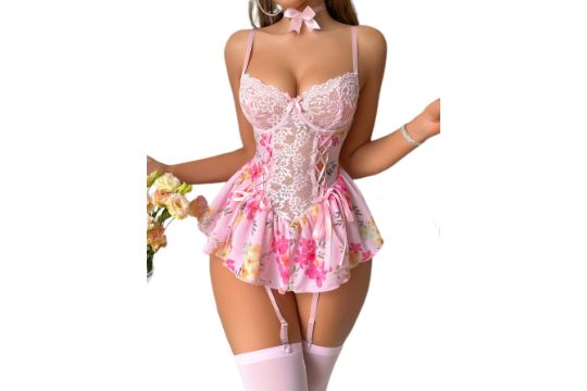 GORGLITTER Women's Floral Lace Lingerie Sets 3 Piece