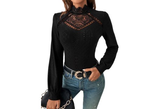 GORGLITTER Women's T Shirts Long Sleeve Tees Lace Ruched