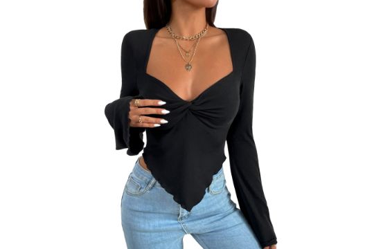 GORGLITTER Women's Twist Front Y2K Crop Tops Bell Long