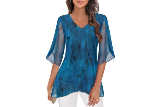 Gemulate Womens Blouses Ruffle 3/4 Sleeve Tunic Top