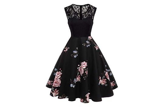 AXOE Womens 1950s Floral Printed Swing Party Dress Sleeveless