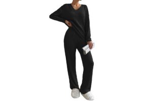 Famulily Womens Long Sleeve V Neck Pyjamas Set Knit
