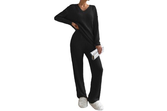 Famulily Womens Long Sleeve V Neck Pyjamas Set Knit