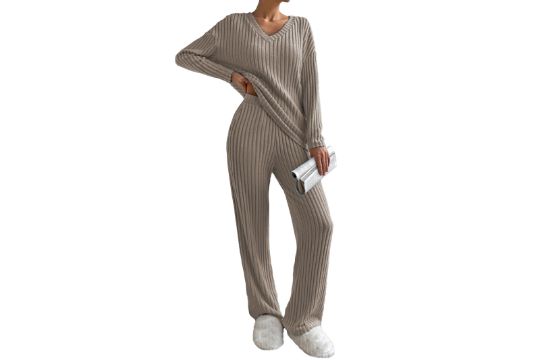 Famulily Womens Long Sleeve V Neck Pyjamas Set Knit