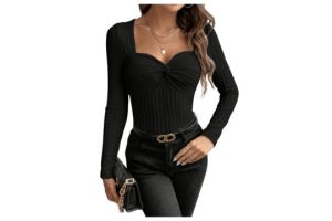 GORGLITTER Women's Casual Sweetheart Neck Long Sleeve