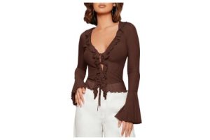 GORGLITTER Women's Deep V Neck Sheer Mesh Tops Ruffle