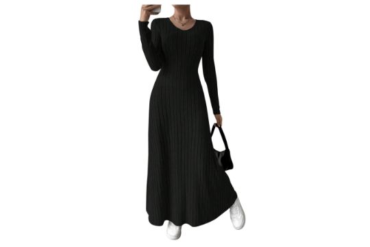 GORGLITTER Women's Ribbed Knit Long Sleeve Maxi Dress