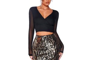GORGLITTER Women's Wrap Mesh Crop Top Long Sleeve Deep