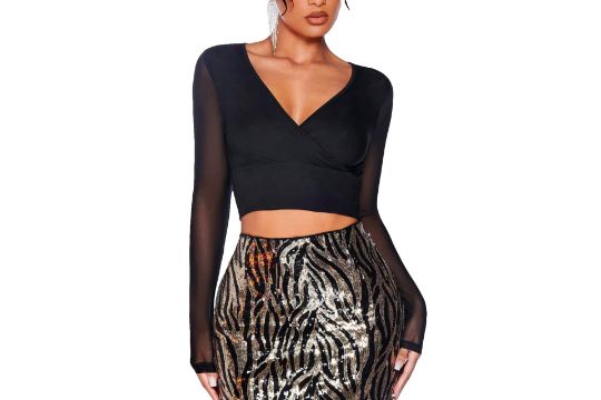 GORGLITTER Women's Wrap Mesh Crop Top Long Sleeve Deep