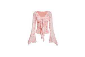GORGLITTER Women's Y2K Bell Sleeve Floral Mesh T Shirts