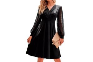 IFFEI Women Dresses Long Sleeve V Neck Swiss Dot Solid