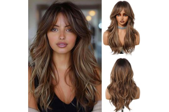 Long Ombre mixed Brown Wig With Bangs Natural