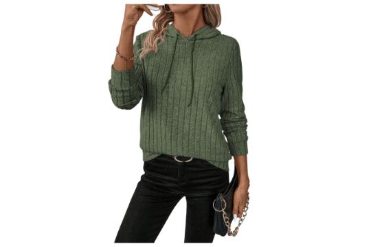 ORGLITTER Women's Rib Knit Light Weight Hoodie Long