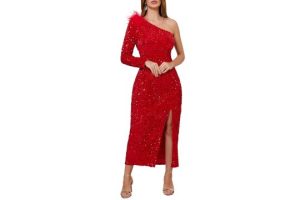 VERWIN Women's Sequins Dress One Shoulder Bodycon Oblique