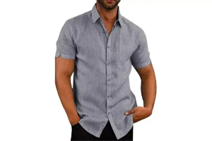 Achinel Mens Cotton Linen Shirts Button Down Short
