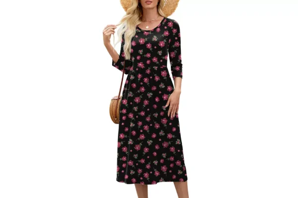 Heymoments Summer Sundress Crew Neck Midi Dress Pockets, Patterned, L