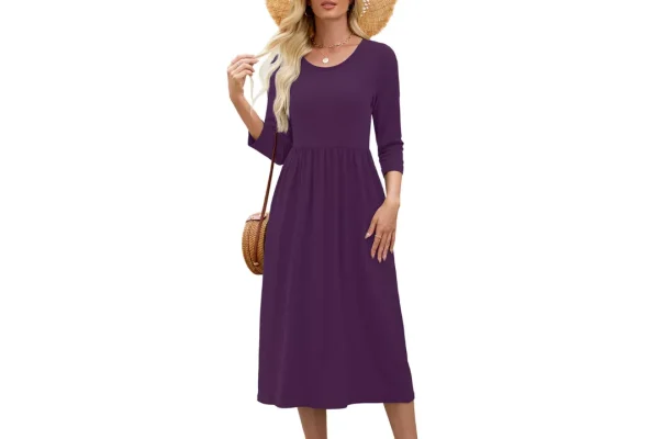 Heymoments Summer Sundress Crew Neck Midi Dress Pockets, Patterned, S