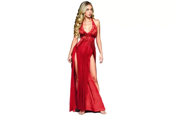 PIYAEIE Women s Sheer Lace Mesh Chemise Nightgown with Side Split Red