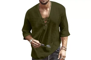 4X RRP £17.05 Mens Linen Shirts Short Sleeved V-Neck Drawstring Summer Mens Linen Shirts Short Sleeved V-Neck Drawstring Summer