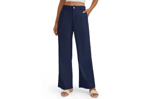 4X RRP £23.99 Enmain Linen Trousers Wide Leg Navy Blue Office Trousers Enmain Linen Trousers Wide Leg Navy Blue Office Trousers