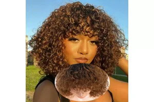5X RRP £39.09 14inch Short Curly Wigs with Bangs Human Hair for Black 14inch Short Curly Wigs with Bangs Human Hair for Black
