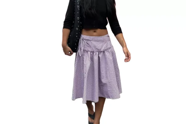 Womens Vintage a Line Plaid Skirt Flowy Low Waist Tie
