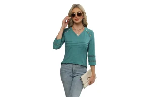 Quatrefox Womens Lace Tops 3/4 Sleeve Tshirt Summer