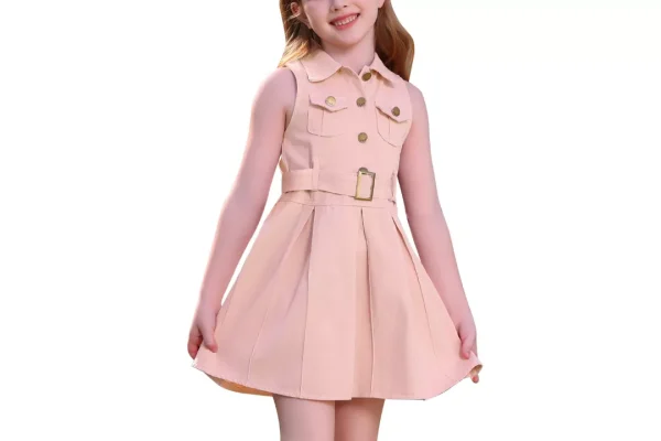OMEWEE Baby Girl Lapel Collar Pleated Dress with Belt