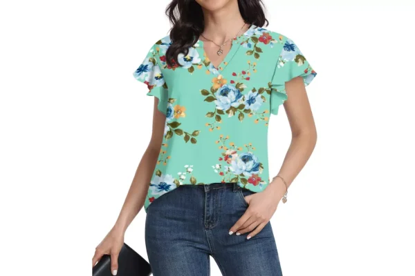 REORIA Women Short Sleeve Ruffled Button
