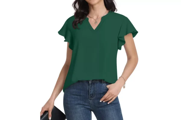 REORIA Women Short Sleeve Ruffled Button.