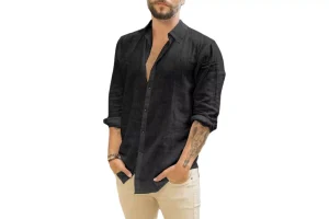 RRP £15.29 Runcati Men's Long Sleeve Linen Turn-Down Collar Leisure Shirt, Black, XL Runcati Men's Long Sleeve Linen Turn-Down Collar Leisure Shirt, Black, XL
