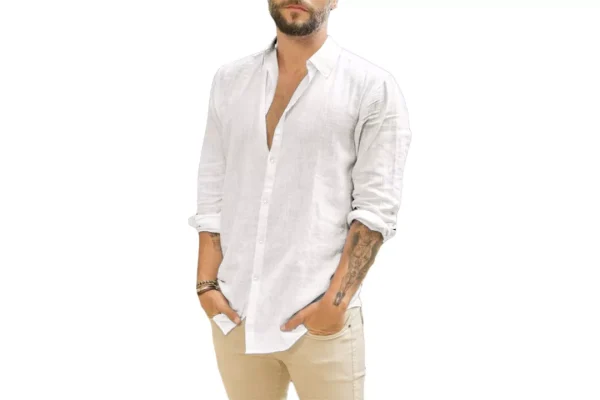 Runcati Men's Long Sleeve Linen Turn-Down Collar Leisure Shirt, White, L