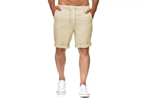 Runcati Men's Linen Shorts Bermuda Shorts with 2 Pockets,Beige,XXL