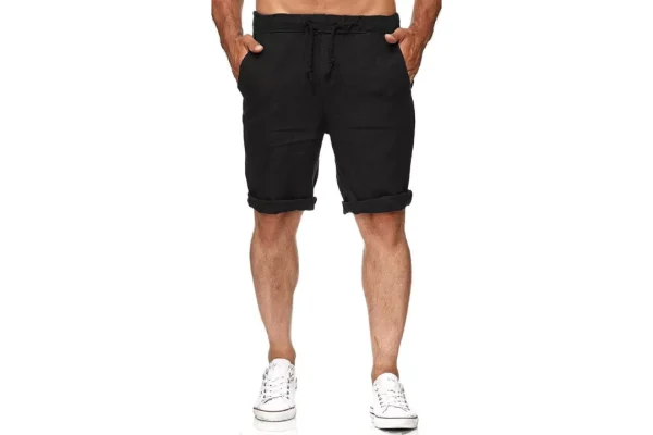 Runcati Men's Linen Shorts Bermuda Shorts with 2 Pockets,Black,M