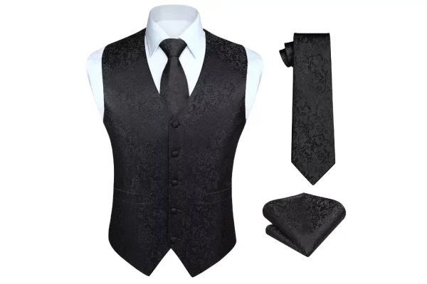 Hisdern Men's Solid Color Jacquard Waistcoat & Necktie