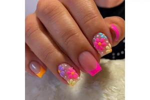 RRP £2.75 Vibrant 3D Floral Press on Nails with Glossy French Tips Vibrant 3D Floral Press on Nails with Glossy French Tips