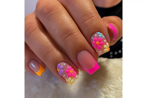 Vibrant 3D Floral Press on Nails with Glossy French Tips