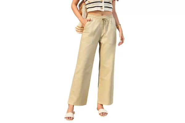 Enmain Beige Trousers for Women UK Drawstring Comfy