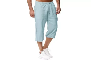 Sprifloral Mens Linen Shorts 3/4 Length Pants Summer