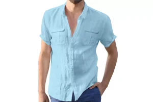 RRP £25.70 Halfword Mens Linen Short Sleeve Shirts Beach Cotton Sky Blue Halfword Mens Linen Short Sleeve Shirts Beach Cotton Sky Blue