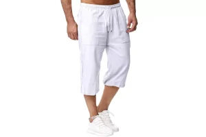 Sprifloral Mens Linen Shorts 3/4 Length Pants Summer