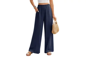 PASUDA Womens Linen Trousers Elasticated High Waisted