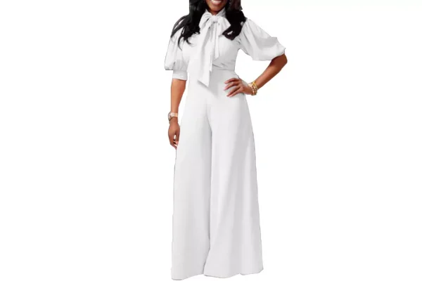 VERWIN Plain Dressy Full Length Bowknot Women's Jumpsuit White