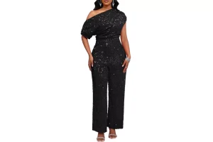 RRP £44.09 VERWIN Women's Sequin Jumpsuit Elastic Ruffle One Shoulder Black VERWIN Women's Sequin Jumpsuit Elastic Ruffle One Shoulder Black